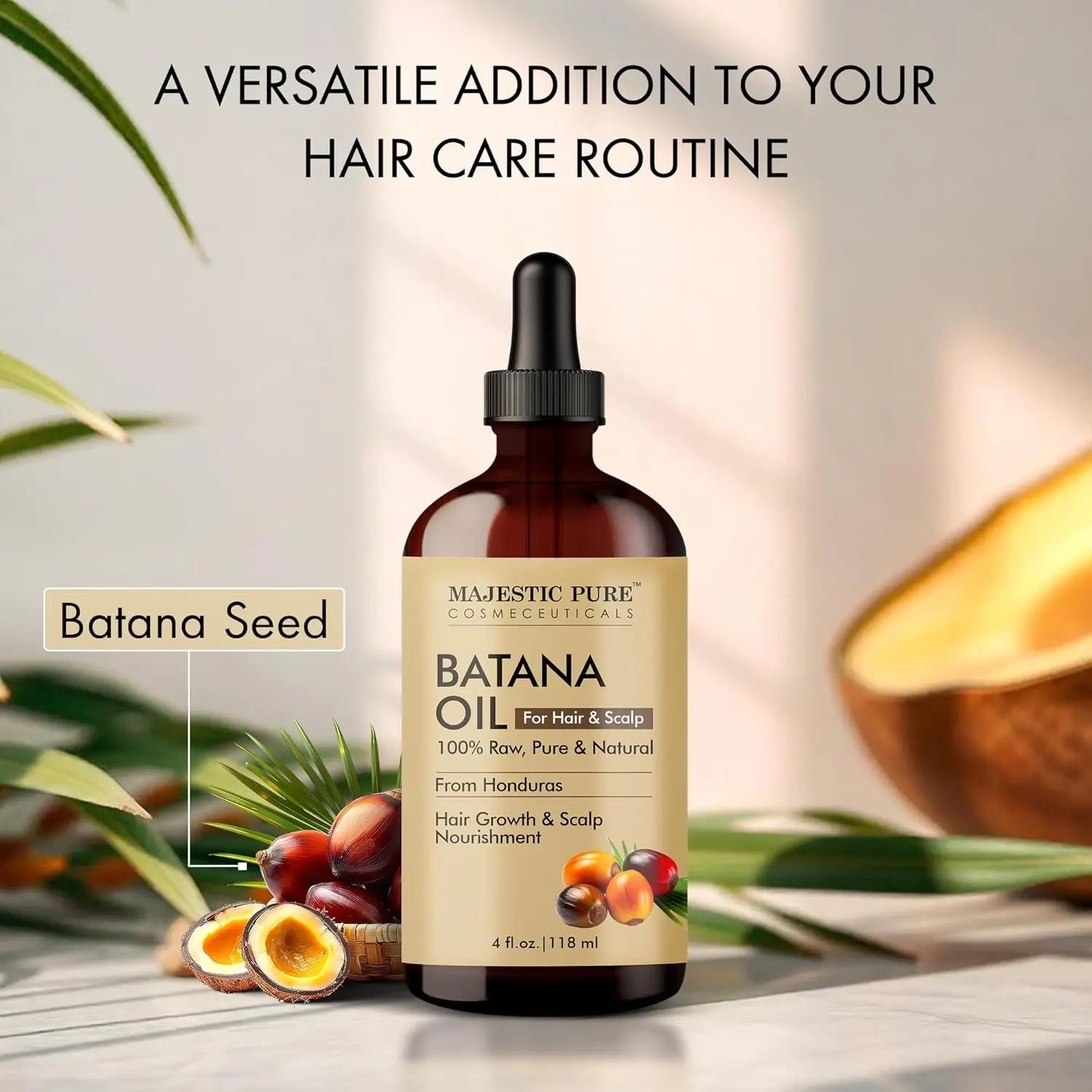 Majestic Pure Batana Oil nourishes the scalp, promotes hair growth, strengthens strands, and adds volume for all hair types.