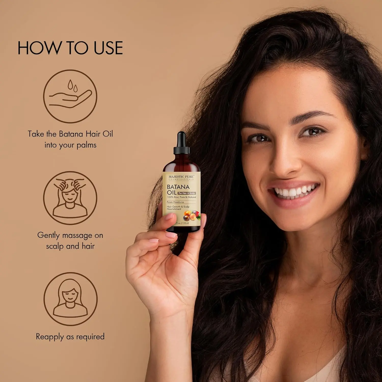 Majestic Pure Batana Oil nourishes the scalp, promotes hair growth, strengthens strands, and adds volume for all hair types.