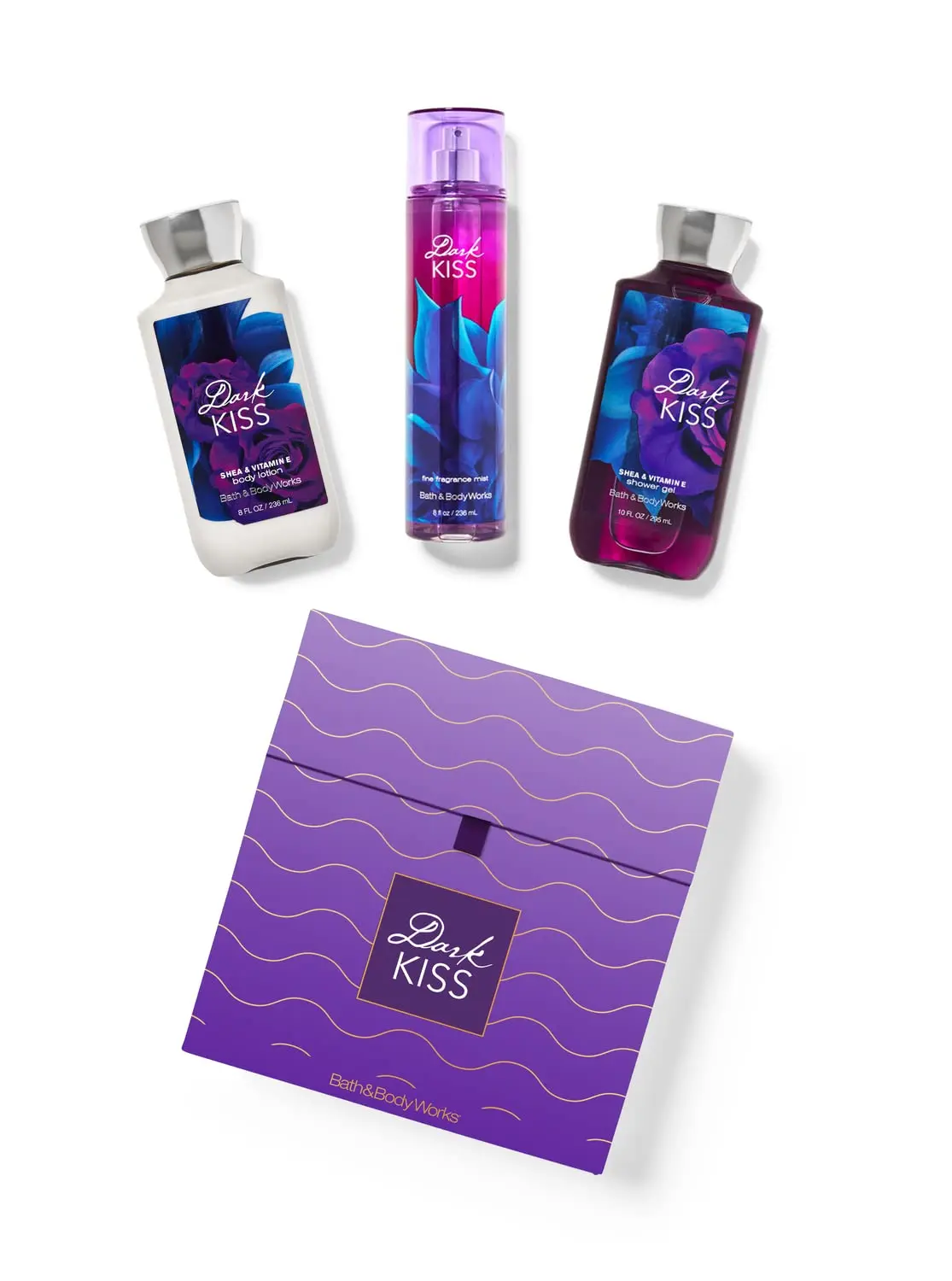 Bath & Body Works Dark Kiss fragrance bath and body gift set for girls, includes three pieces.