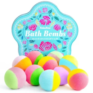 This bath bomb gift set features ten handmade bath bombs with five different relaxing and aromatic scents made with natural ingredients, perfect for a spa-like experience at home.