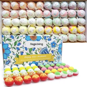 This bath bombs gift set includes 50 handmade bath bombs with a wonderful fizz effect, made with natural organic ingredients, perfect for kids, women, and men for Valentine's Day, Christmas, or any anniversary.