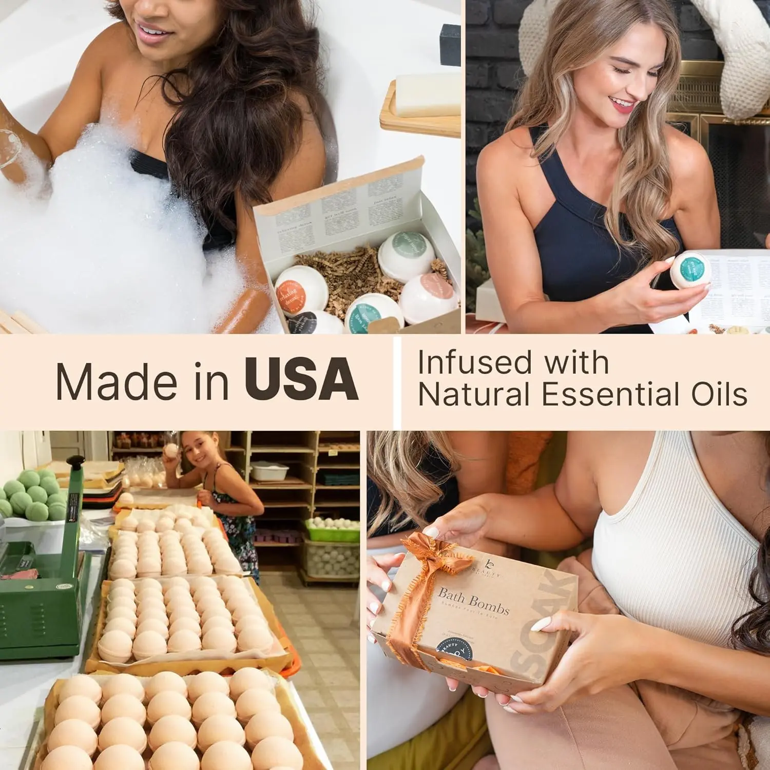 This USA-made bath bomb gift set features six organic and natural bath fizzies with essential oils, Epsom salt, clays, and butters, perfect for a relaxing spa experience for women, men, and kids.