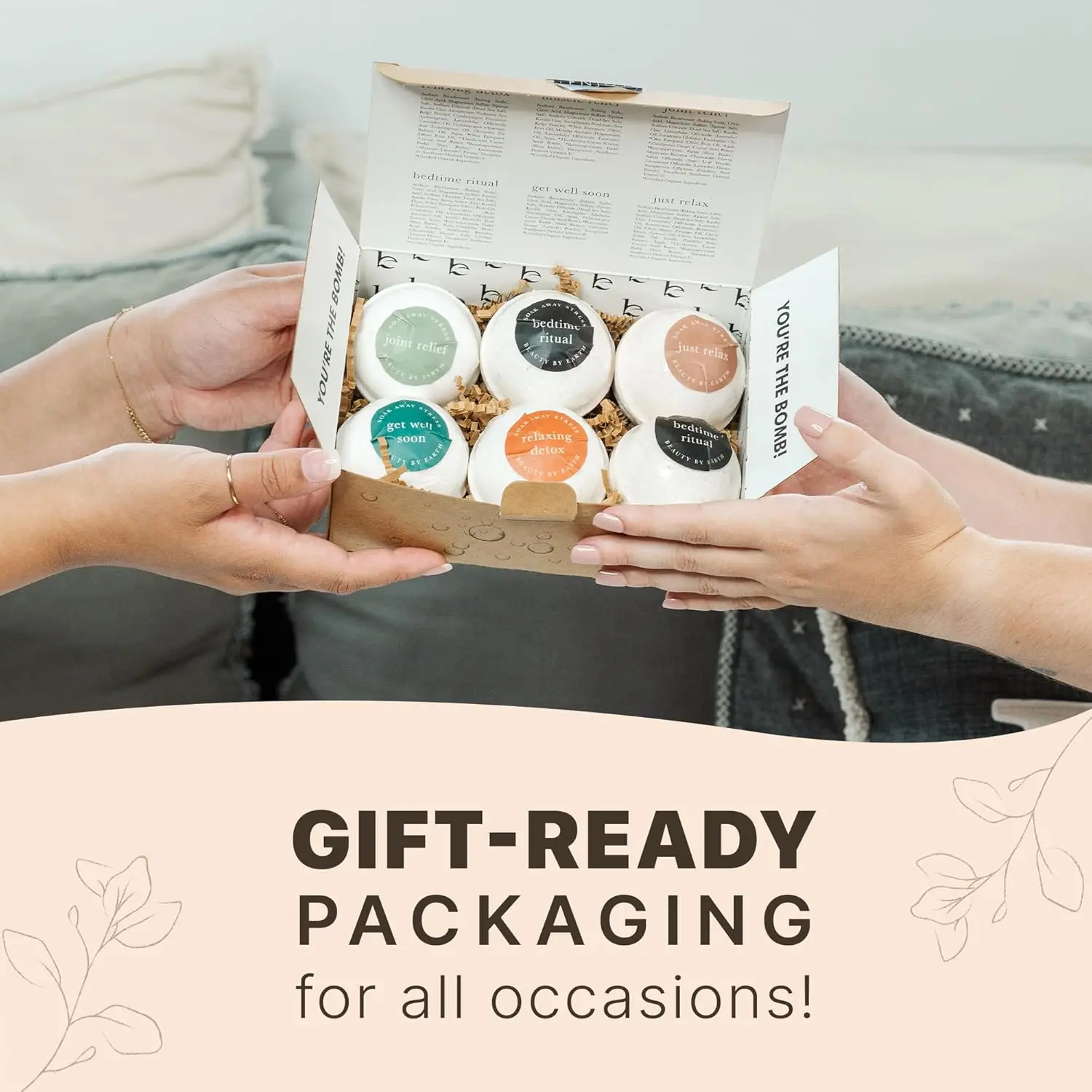 This USA-made bath bomb gift set features six organic and natural bath fizzies with essential oils, Epsom salt, clays, and butters, perfect for a relaxing spa experience for women, men, and kids.