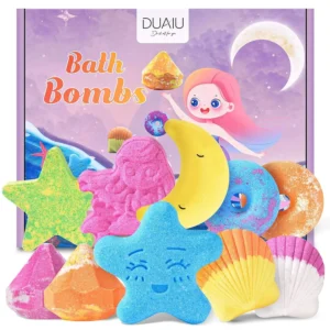 This bath bombs gift set for women contains ten individually wrapped bath bombs with natural sea salt and essential oils for a relaxing and colorful aromatherapy spa experience.