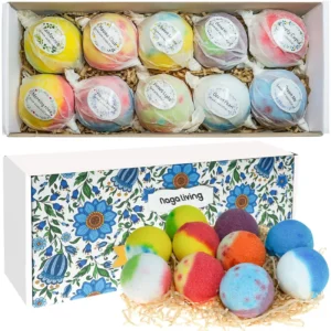 This bath bombs gift set features ten organic bath fizzies, each individually labeled and designed to create colorful, skin-nourishing bubbles in the bath, making it a perfect gift for any occasion.