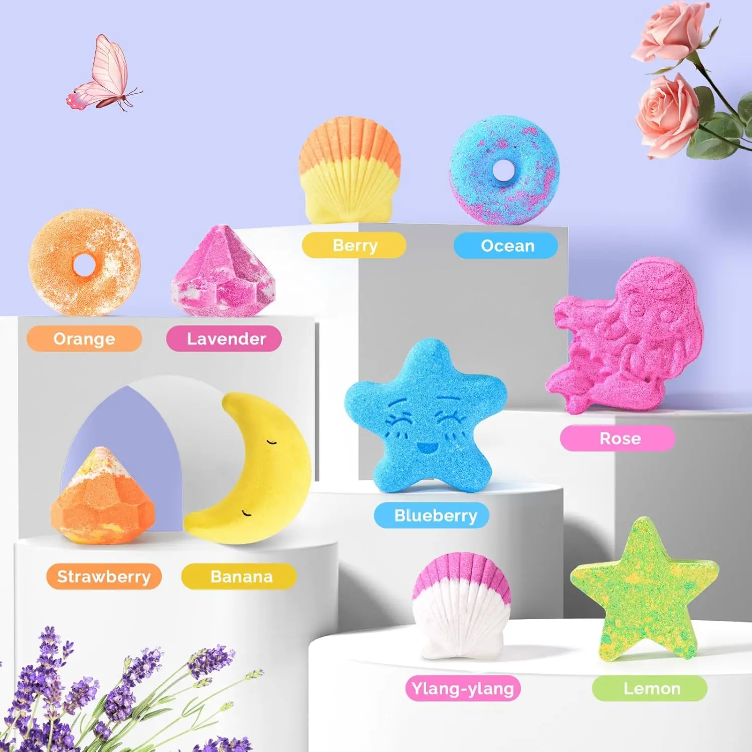 This bath bombs gift set for women contains ten individually wrapped bath bombs with natural sea salt and essential oils for a relaxing and colorful aromatherapy spa experience.