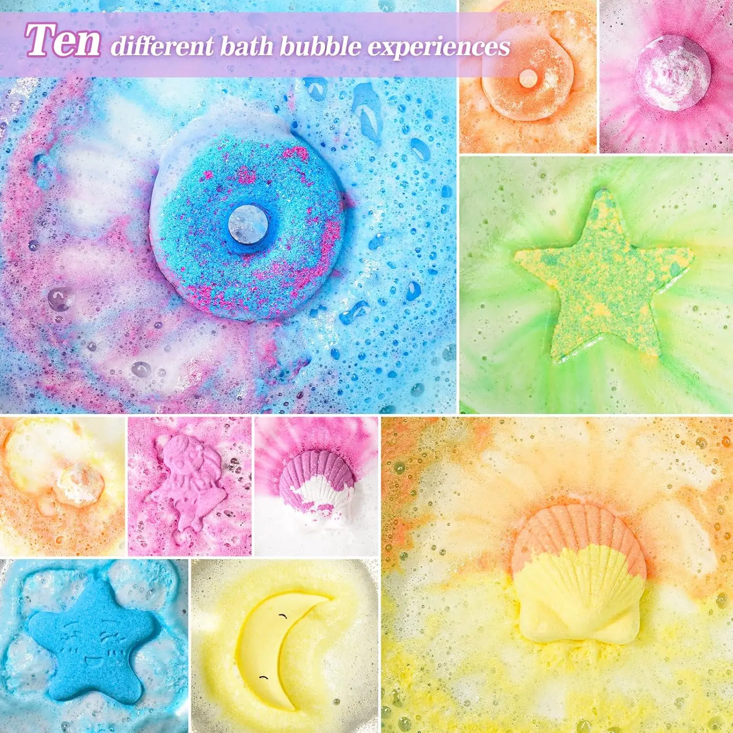 This bath bombs gift set for women contains ten individually wrapped bath bombs with natural sea salt and essential oils for a relaxing and colorful aromatherapy spa experience.