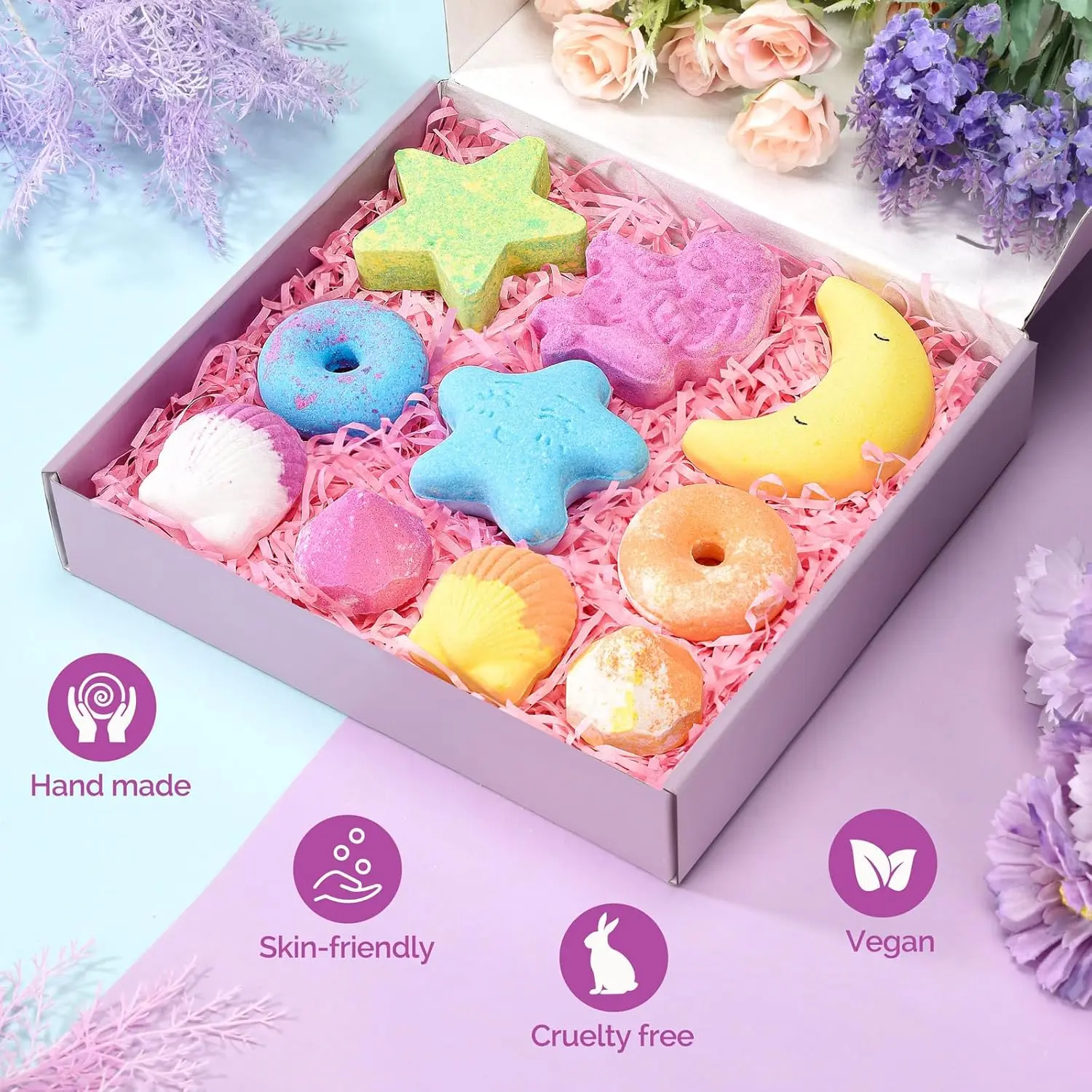 This bath bombs gift set for women contains ten individually wrapped bath bombs with natural sea salt and essential oils for a relaxing and colorful aromatherapy spa experience.