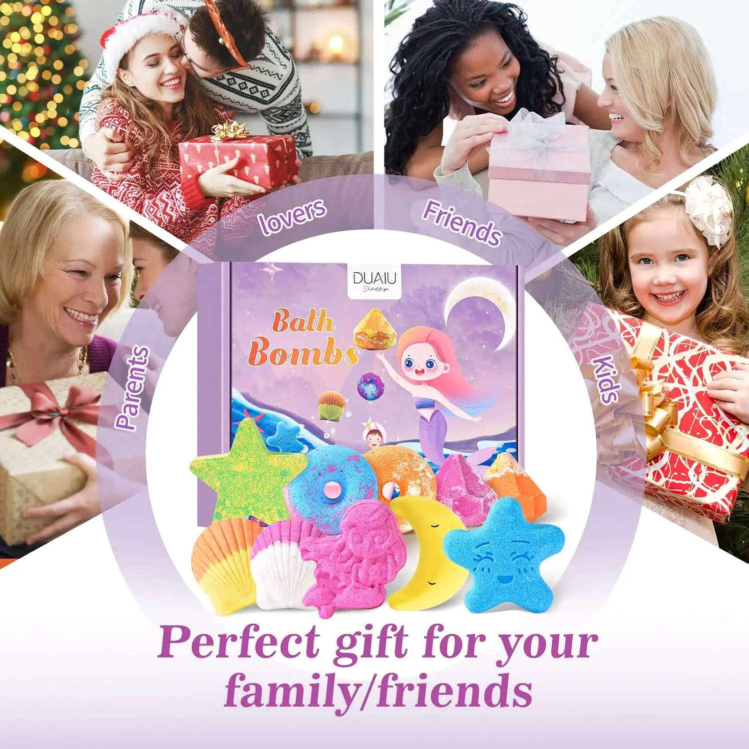 This bath bombs gift set for women contains ten individually wrapped bath bombs with natural sea salt and essential oils for a relaxing and colorful aromatherapy spa experience.