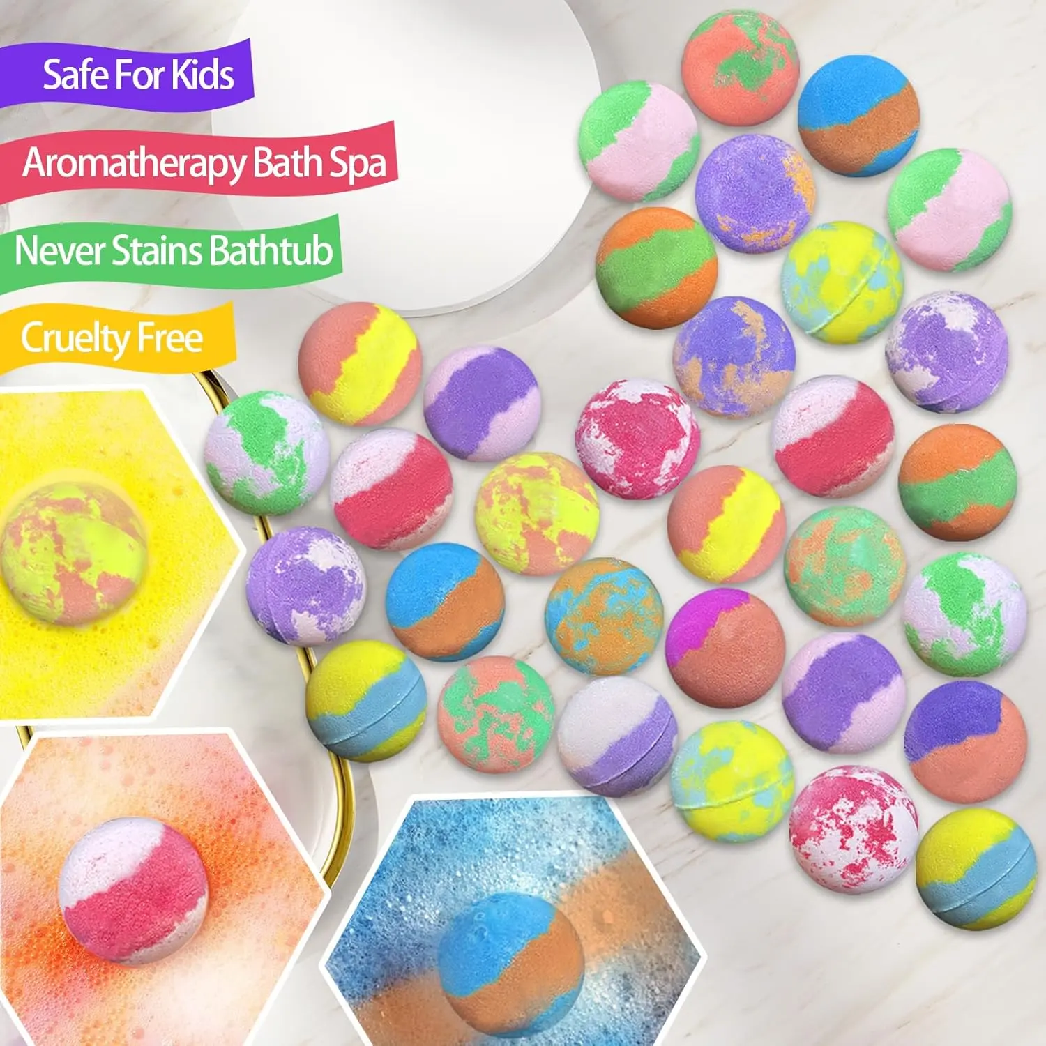 This gift set includes 32 bath bombs for kids with surprise land and sea animal toys inside, offering a fun and colorful bath experience with bubbles and pleasant scents.