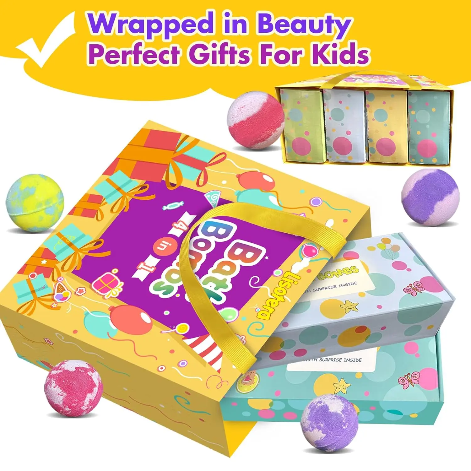 This gift set includes 32 bath bombs for kids with surprise land and sea animal toys inside, offering a fun and colorful bath experience with bubbles and pleasant scents.