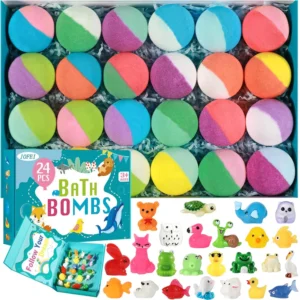 This 24 pack of kids bath bombs contains natural, colorful, fizzy bath bombs with surprise jungle and sea animal toys inside, making bath time fun for girls and boys.