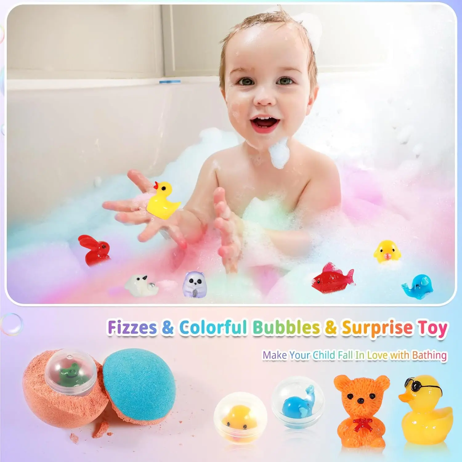 This 24 pack of kids bath bombs contains natural, colorful, fizzy bath bombs with surprise jungle and sea animal toys inside, making bath time fun for girls and boys.