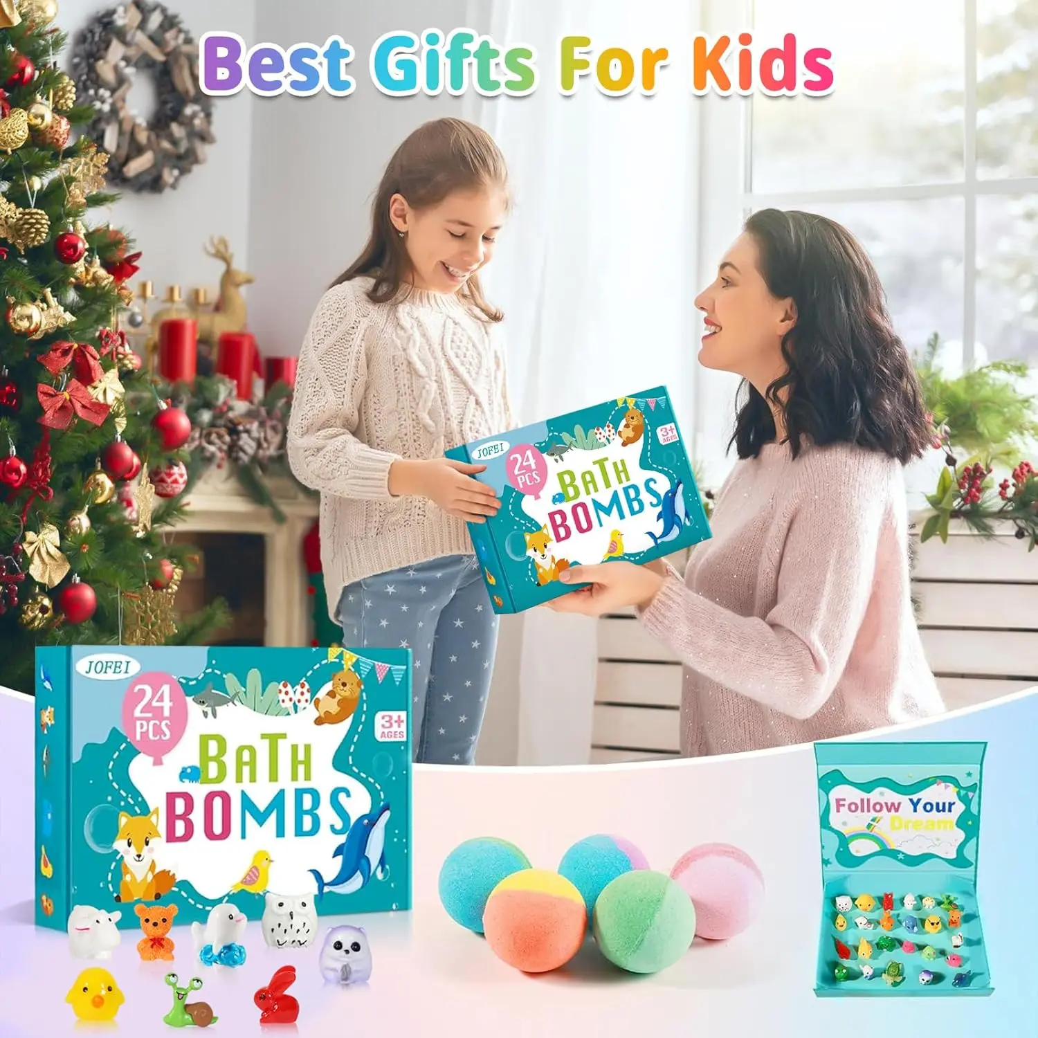 This 24 pack of kids bath bombs contains natural, colorful, fizzy bath bombs with surprise jungle and sea animal toys inside, making bath time fun for girls and boys.