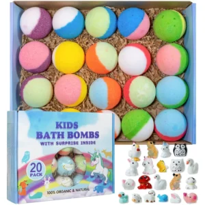 This bath bomb gift set for kids contains twenty organic bath bombs with surprise animal toys inside, perfect for a fun and fizzy bath time experience.