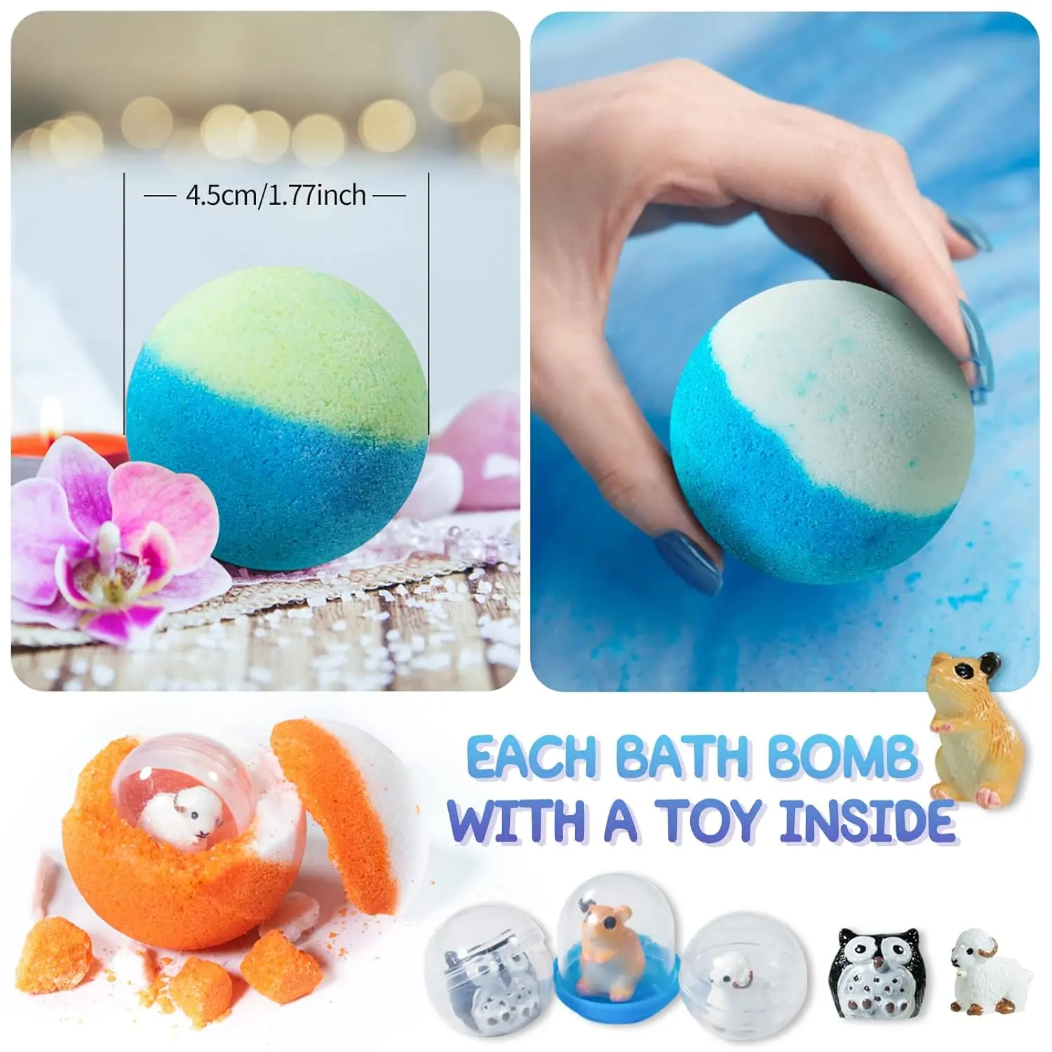 This bath bomb gift set for kids contains twenty organic bath bombs with surprise animal toys inside, perfect for a fun and fizzy bath time experience.