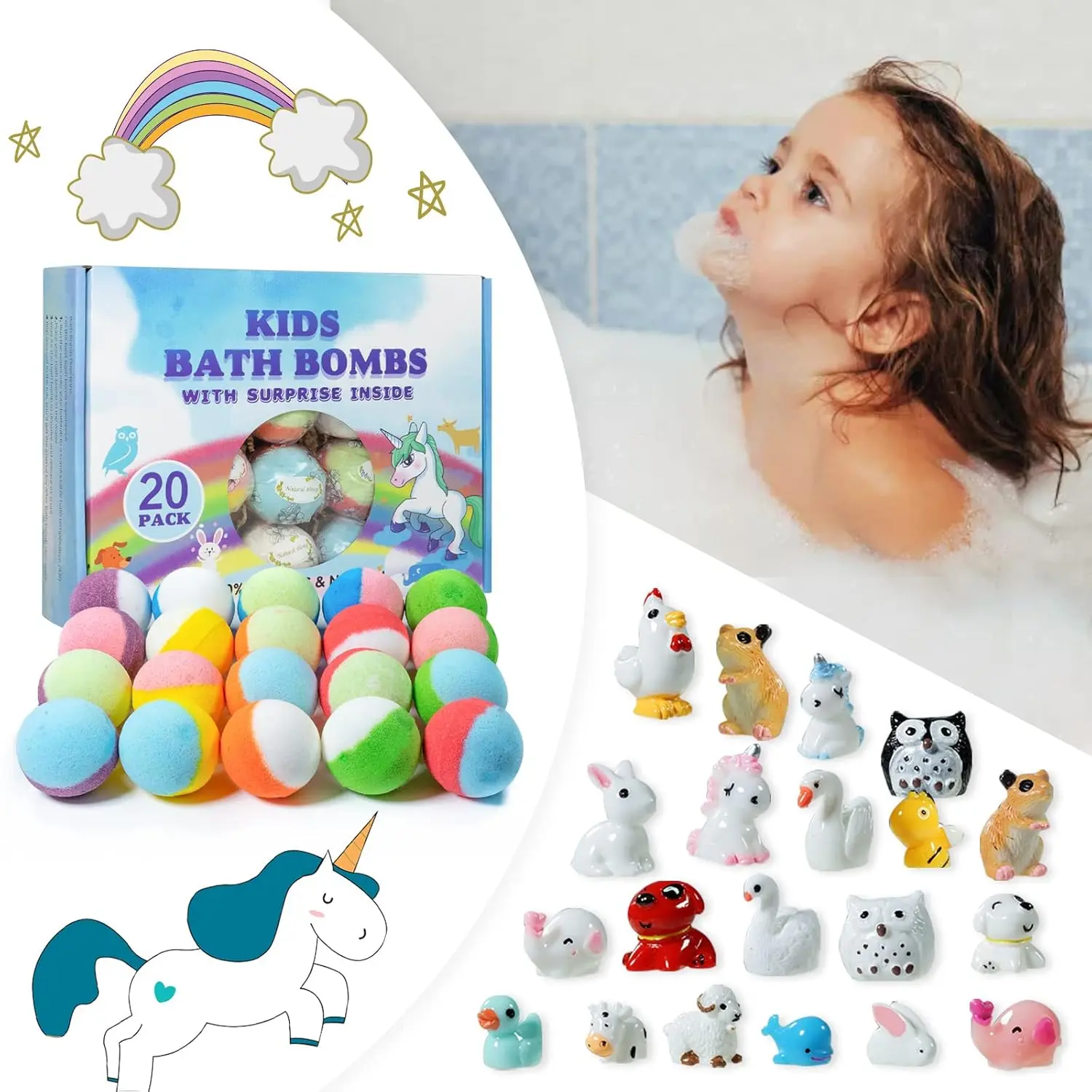 This bath bomb gift set for kids contains twenty organic bath bombs with surprise animal toys inside, perfect for a fun and fizzy bath time experience.