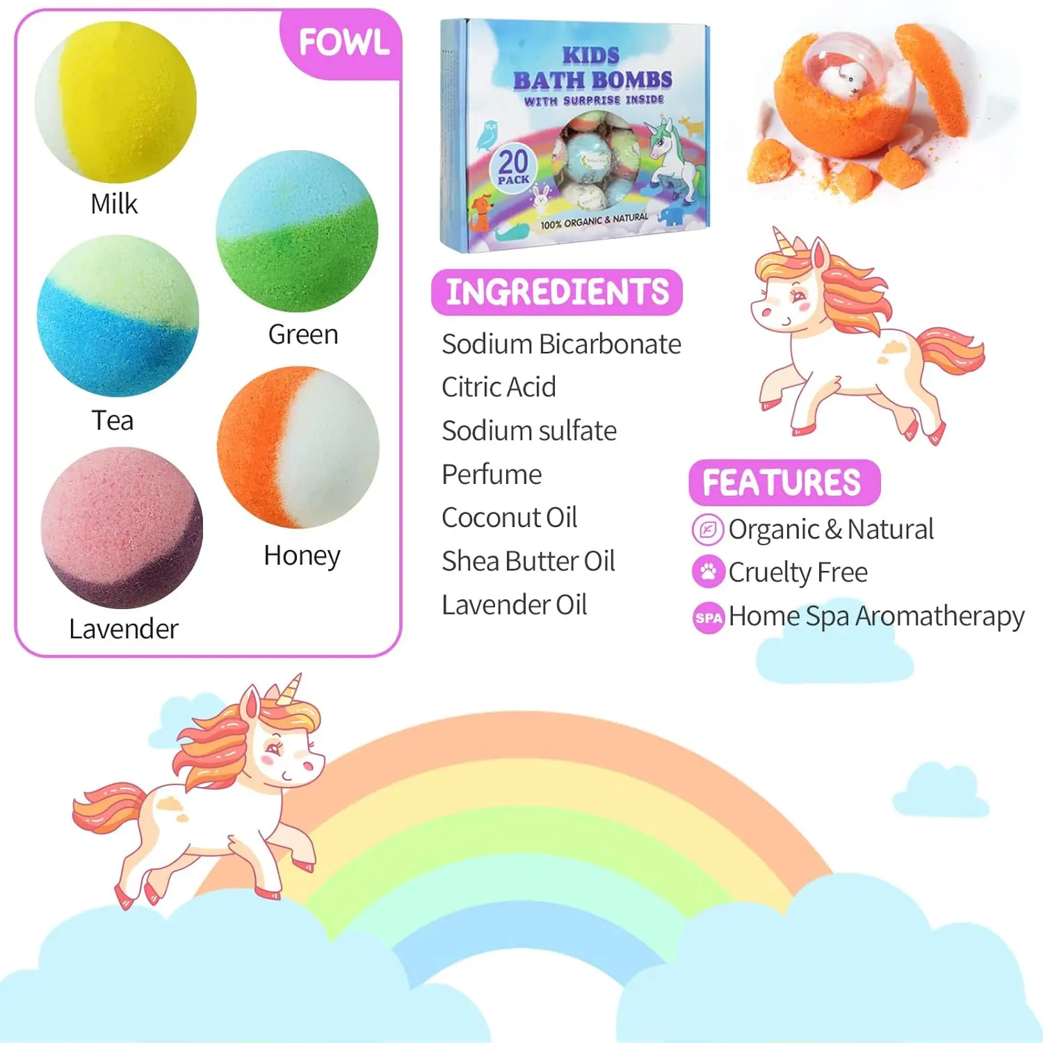 This bath bomb gift set for kids contains twenty organic bath bombs with surprise animal toys inside, perfect for a fun and fizzy bath time experience.