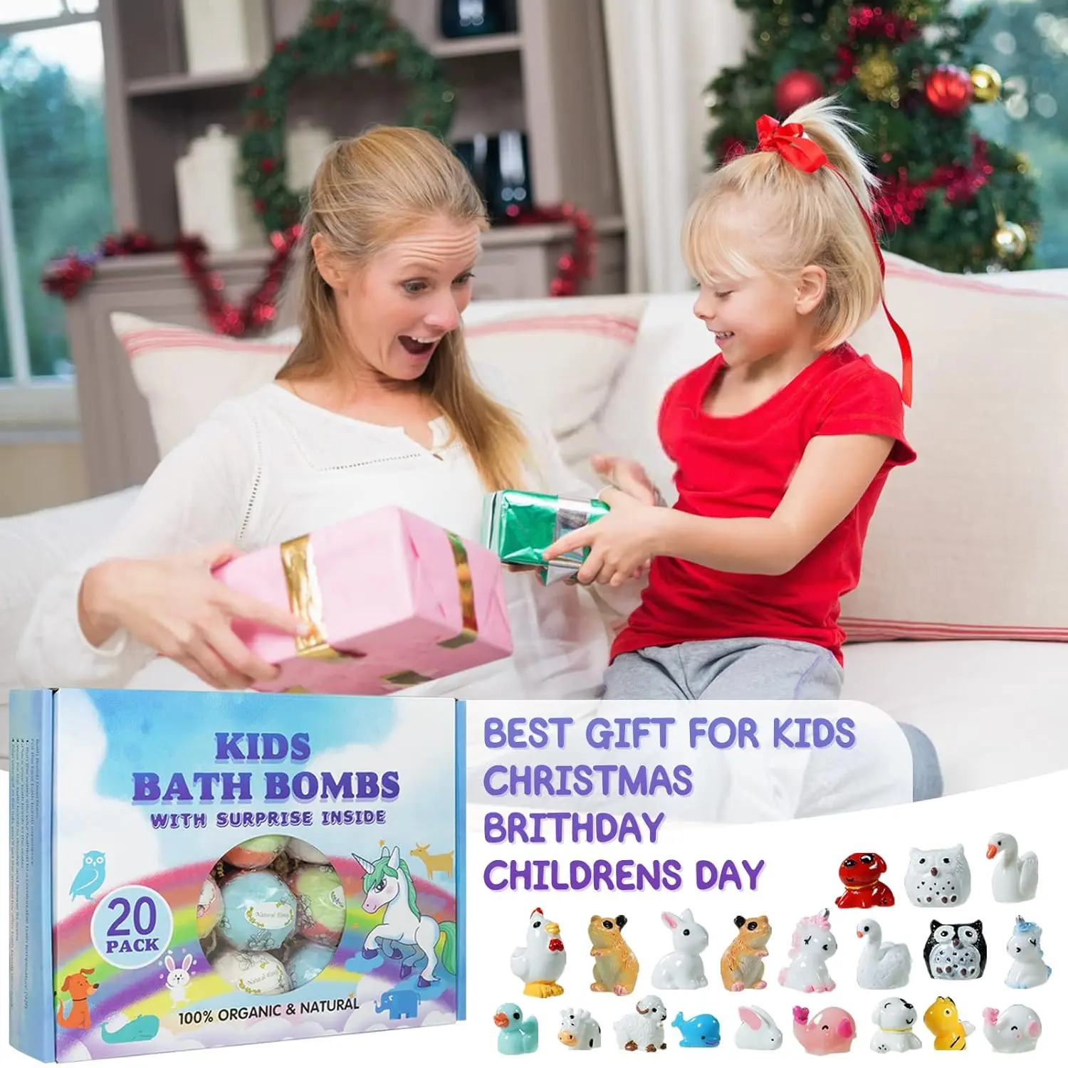 This bath bomb gift set for kids contains twenty organic bath bombs with surprise animal toys inside, perfect for a fun and fizzy bath time experience.