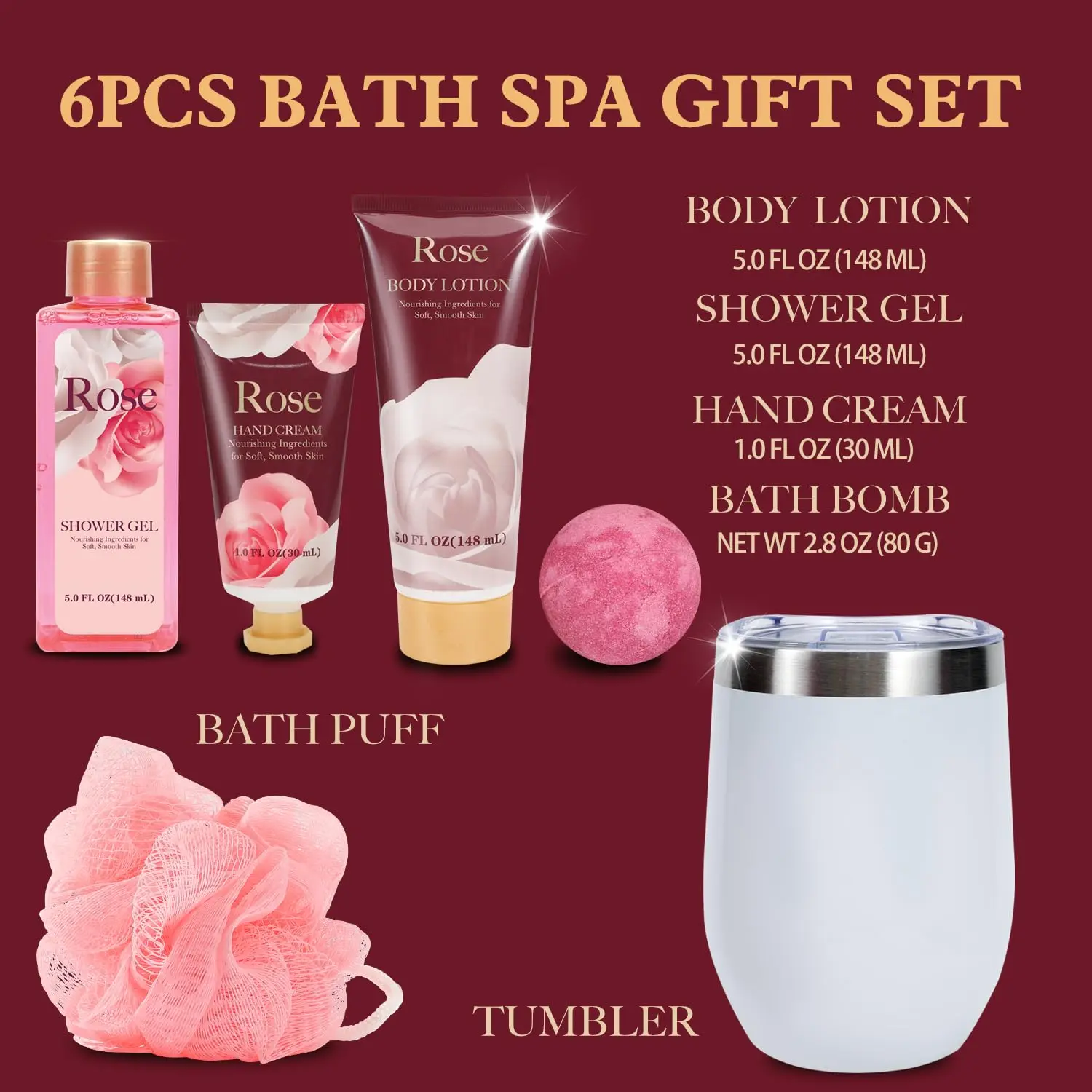 This luxurious rose-scented spa gift set for women includes body lotion, shower gel, a tumbler, and other pampering essentials for a relaxing at-home spa experience.