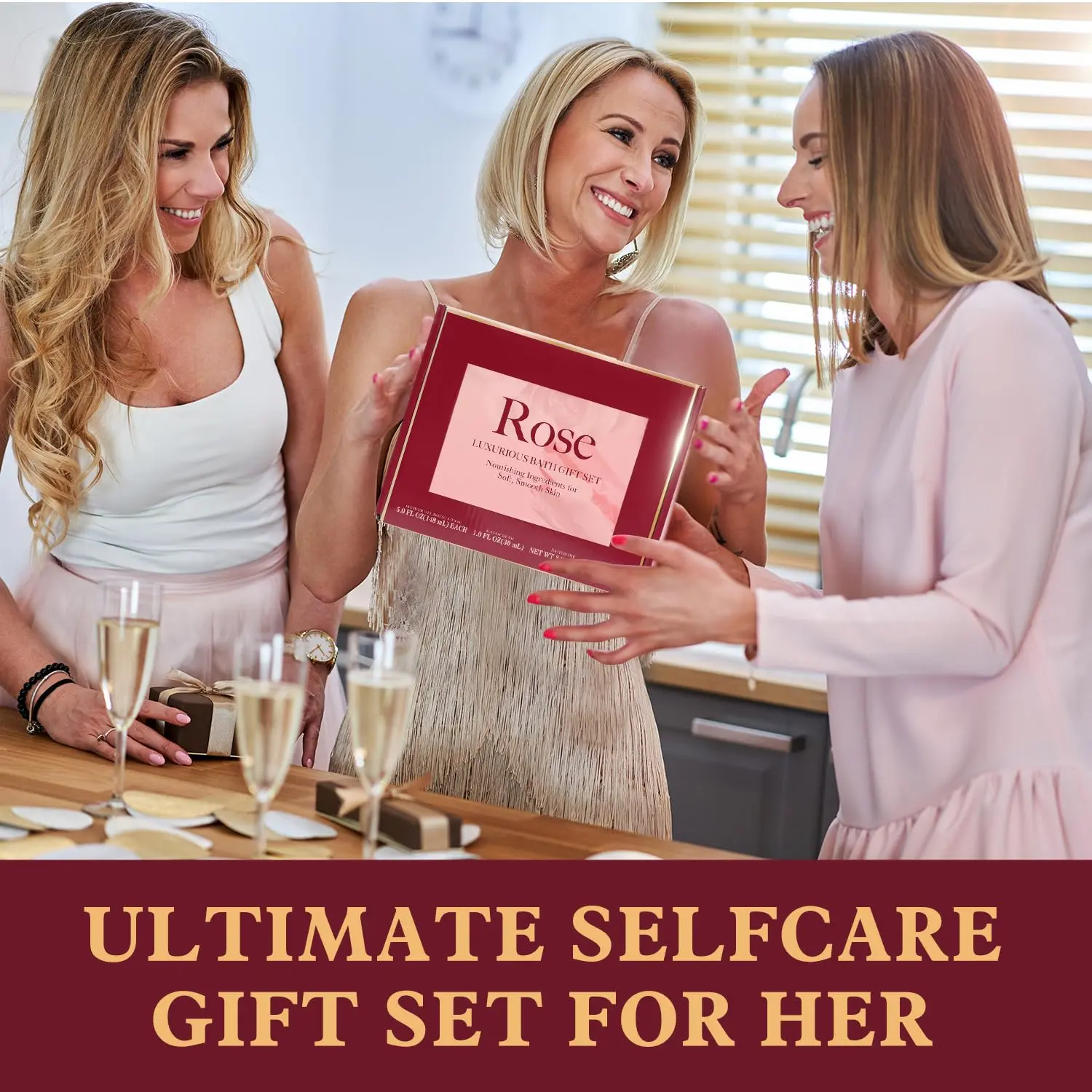 This luxurious rose-scented spa gift set for women includes body lotion, shower gel, a tumbler, and other pampering essentials for a relaxing at-home spa experience.