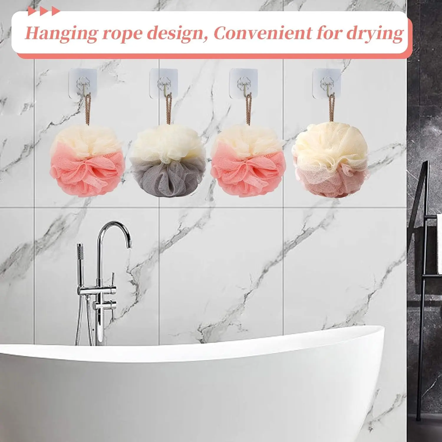 This colorful 4-pack of bath loofah sponges provides gentle exfoliation, creating a rich lather for smooth and soft skin with easy hanging storage.