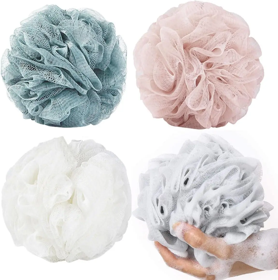 This image shows a four-pack of large, colorful SHOWAY bath shower sponge loofahs designed for exfoliating, cleansing, and soothing skin in the shower, each weighing 60g and featuring eco-friendly mesh and a long handle for easy hanging.