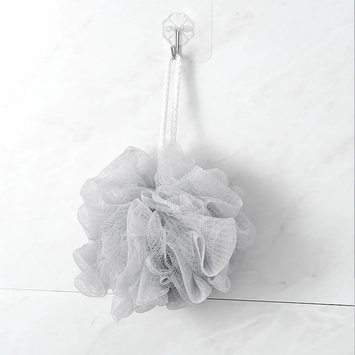 This image shows a four-pack of large, colorful SHOWAY bath shower sponge loofahs designed for exfoliating, cleansing, and soothing skin in the shower, each weighing 60g and featuring eco-friendly mesh and a long handle for easy hanging.