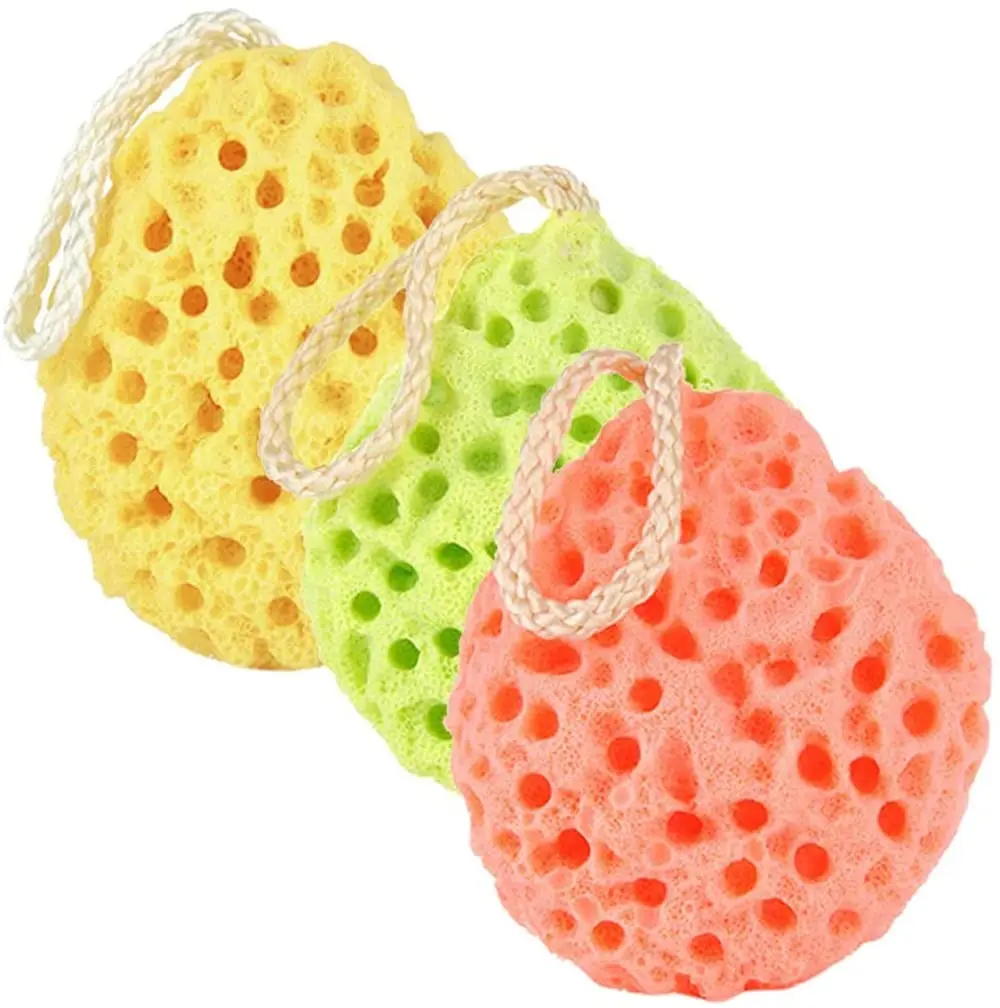 This three-pack of soft body bath sponges includes yellow, green, and orange natural fiber shower loofahs with a unique honeycomb texture for gentle exfoliating and cleansing.