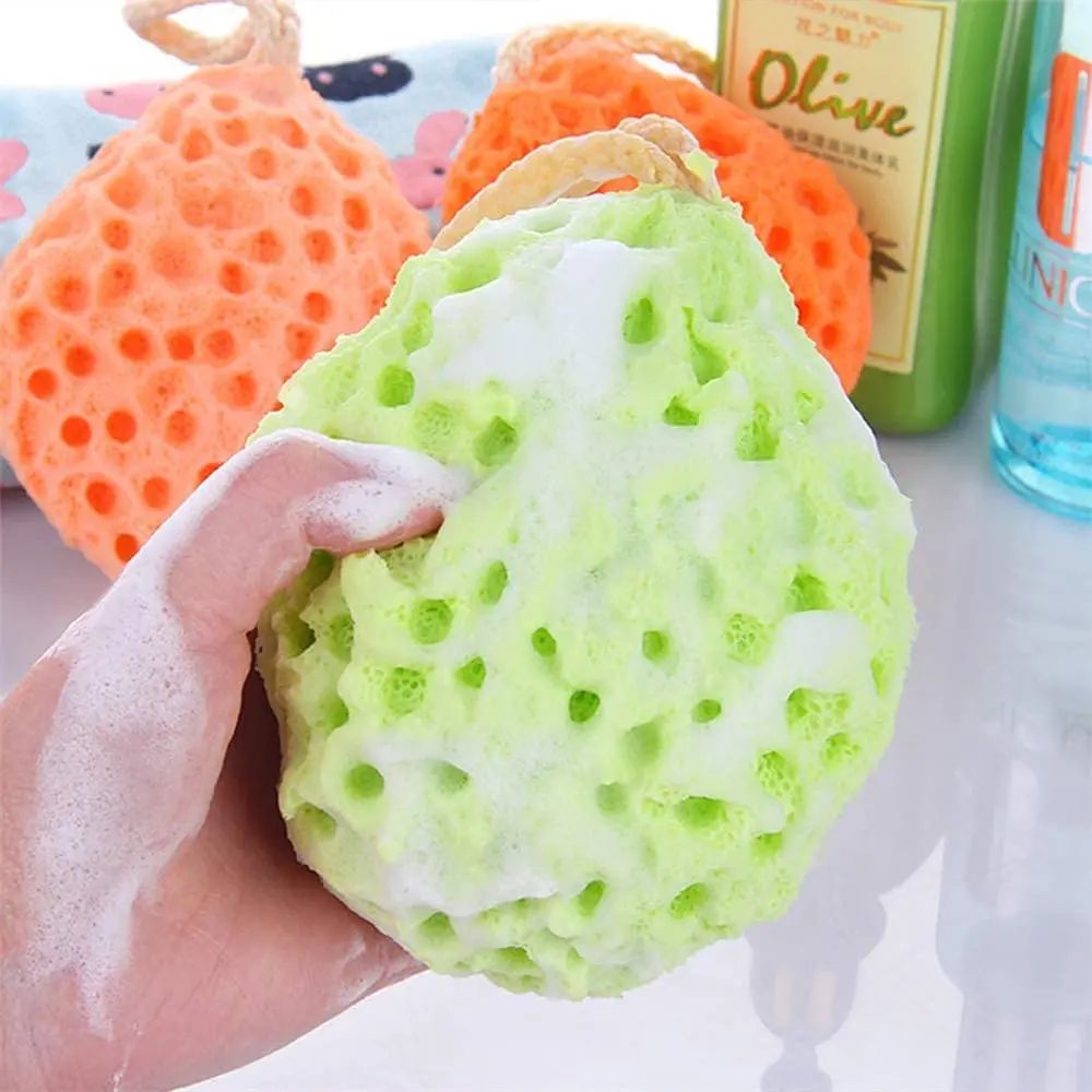 This three-pack of soft body bath sponges includes yellow, green, and orange natural fiber shower loofahs with a unique honeycomb texture for gentle exfoliating and cleansing.