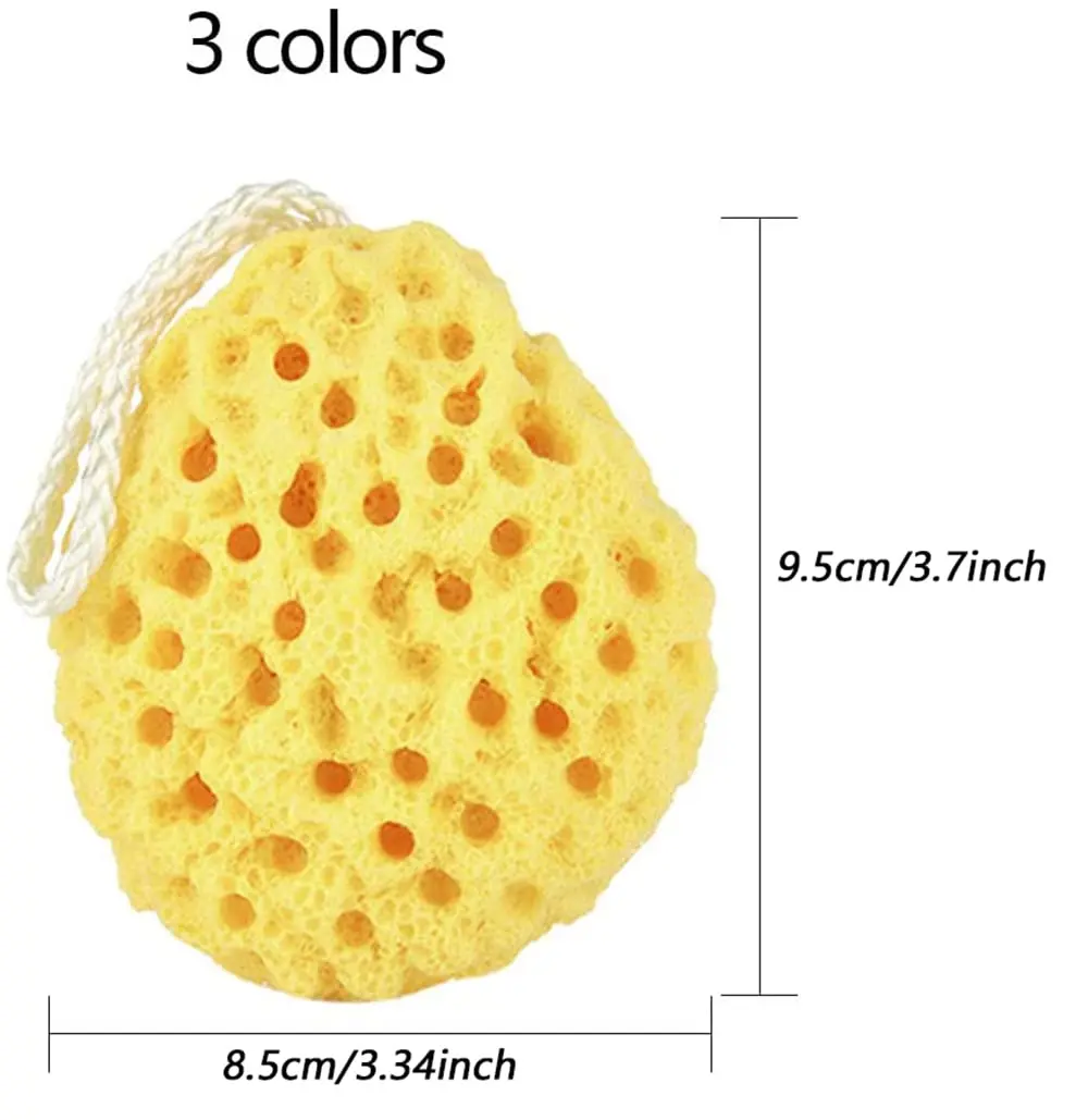 This three-pack of soft body bath sponges includes yellow, green, and orange natural fiber shower loofahs with a unique honeycomb texture for gentle exfoliating and cleansing.