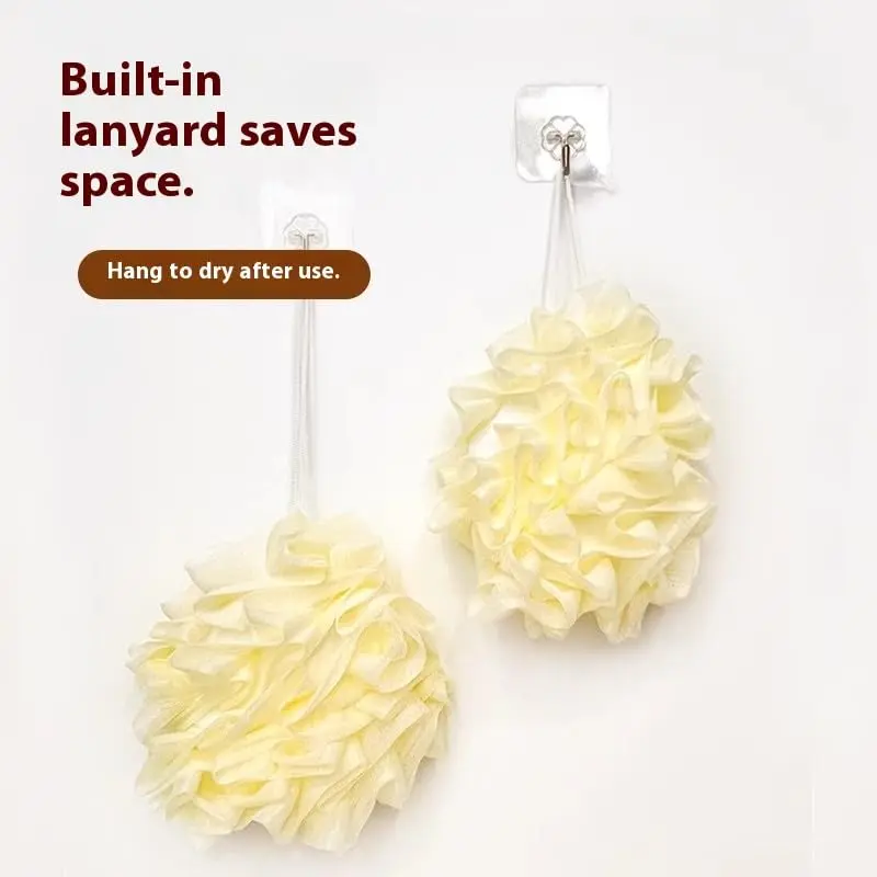 Two colorful bath sponges, or shower loofahs, designed for exfoliating and washing, and capable of holding soap inside, suitable for men and women.