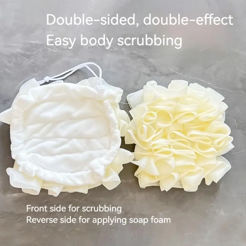 Two colorful bath sponges, or shower loofahs, designed for exfoliating and washing, and capable of holding soap inside, suitable for men and women.