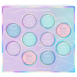 This vegan-friendly Baylis & Harding gift set includes a luxurious jojoba, vanilla, and almond oil body butter and scrub, offering a delightful fragrance experience in recyclable packaging.