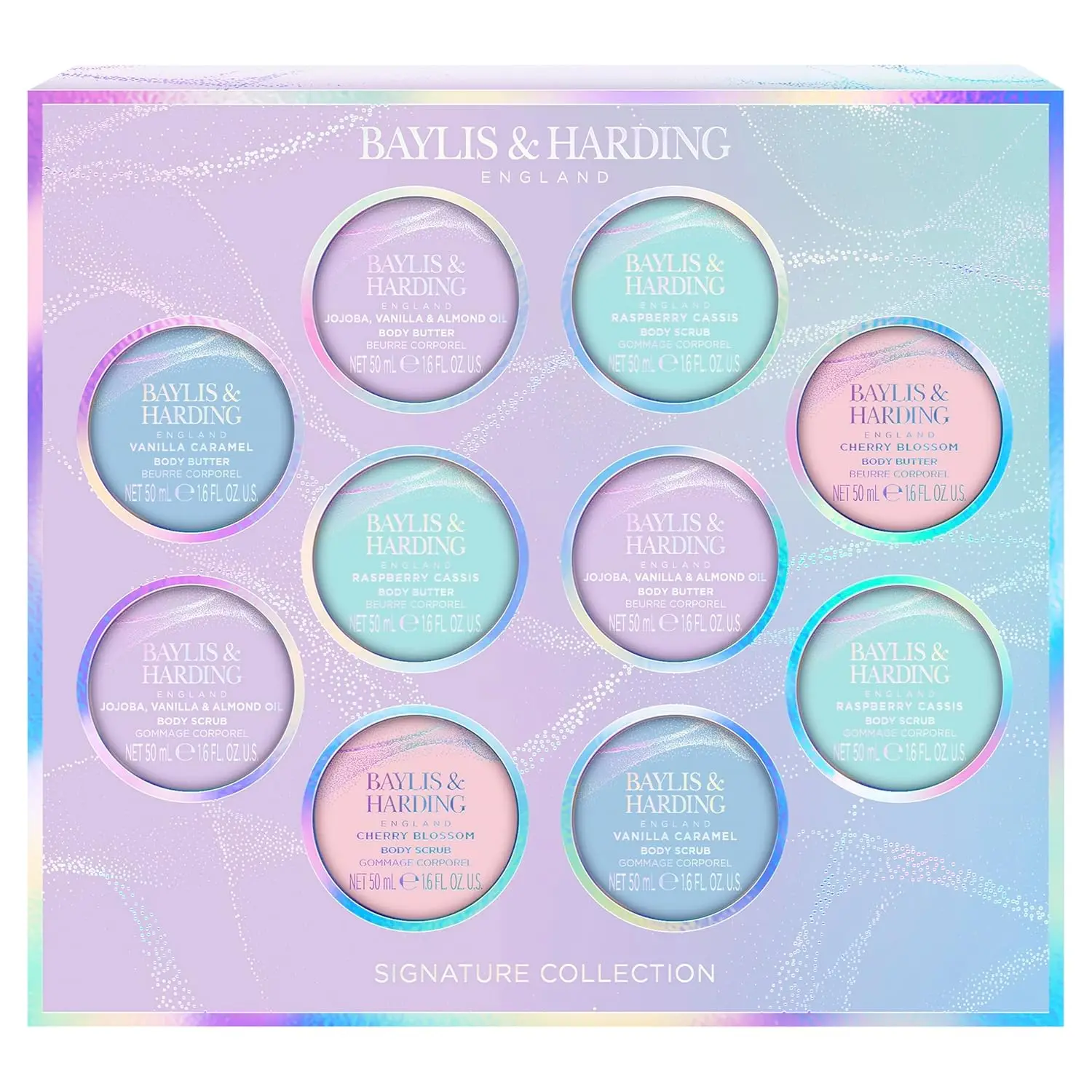 This vegan-friendly Baylis & Harding gift set includes a luxurious jojoba, vanilla, and almond oil body butter and scrub, offering a delightful fragrance experience in recyclable packaging.