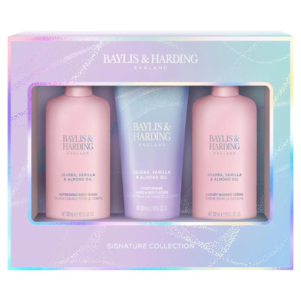 This vegan-friendly Baylis & Harding gift set includes a luxurious jojoba, vanilla, and almond oil body butter and scrub, offering a delightful fragrance experience in recyclable packaging.