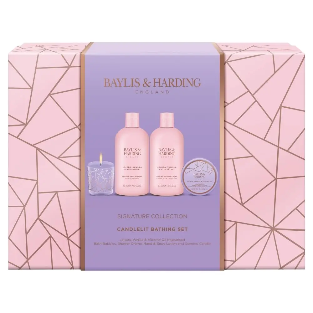 This vegan-friendly Baylis & Harding gift set includes a luxurious jojoba, vanilla, and almond oil body butter and scrub, offering a delightful fragrance experience in recyclable packaging.