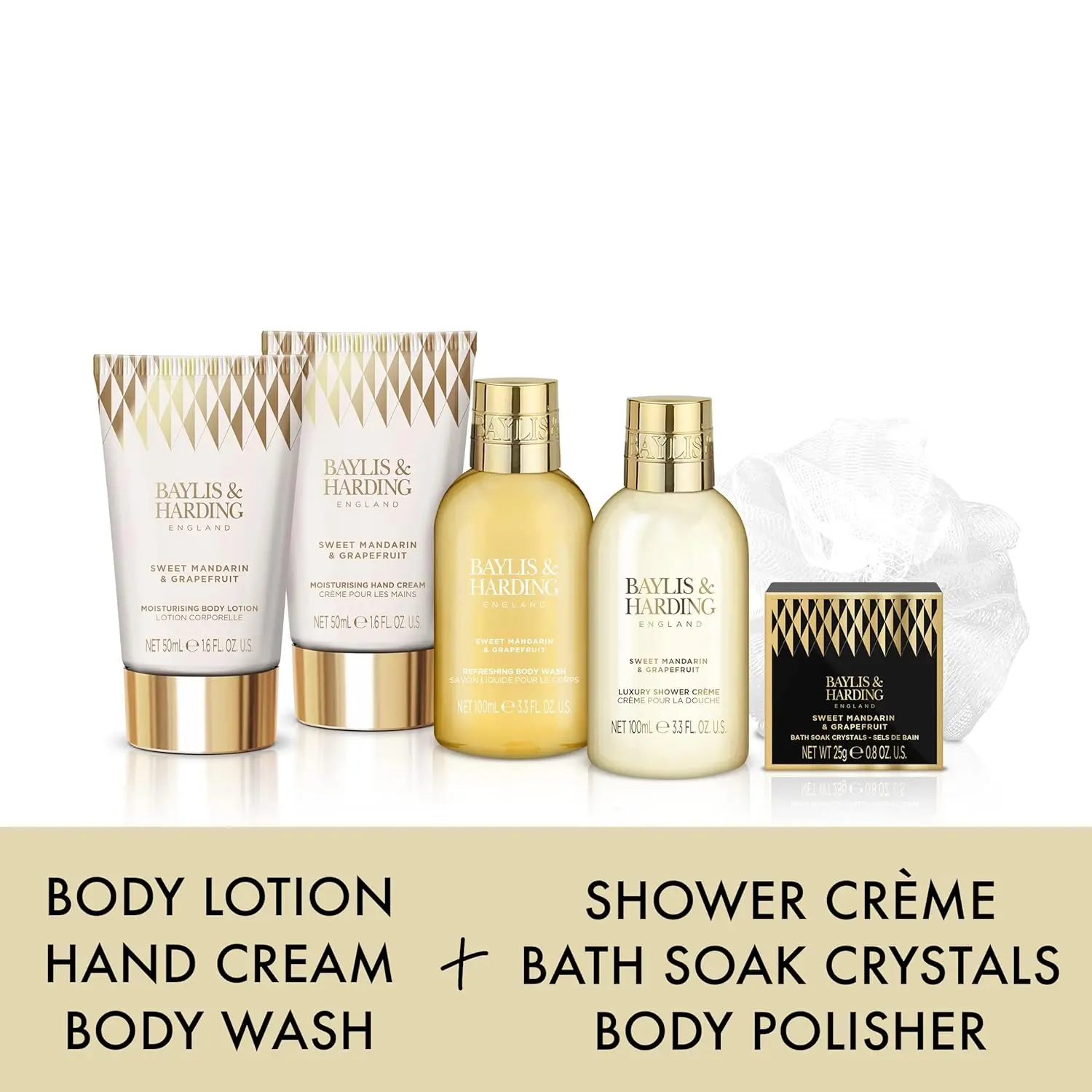 This Baylis & Harding Sweet Mandarin & Grapefruit vegan gift set includes luxury hand and body toiletries and a body polisher, all beautifully packaged in recyclable plastic-free packaging.