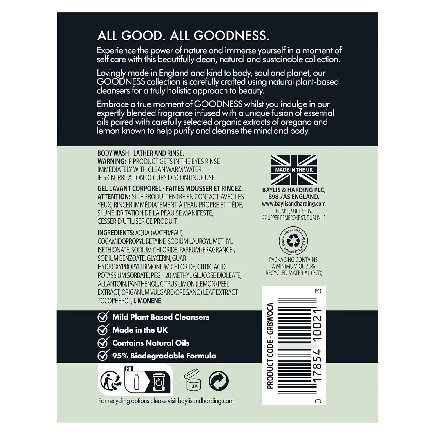 A bottle of Baylis & Harding Goodness body wash featuring a luxurious fragrance fusion of Oud, Cedar and Amber, providing a refreshing and nourishing cleanse suitable for vegans.