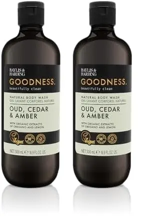 A bottle of Baylis & Harding Goodness body wash featuring a luxurious fragrance fusion of Oud, Cedar and Amber, providing a refreshing and nourishing cleanse suitable for vegans.