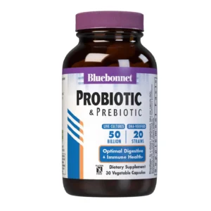 A bottle of Bluebonnet Nutrition BB Probiotic & Prebiotic 50B containing 30 vegetarian capsules.