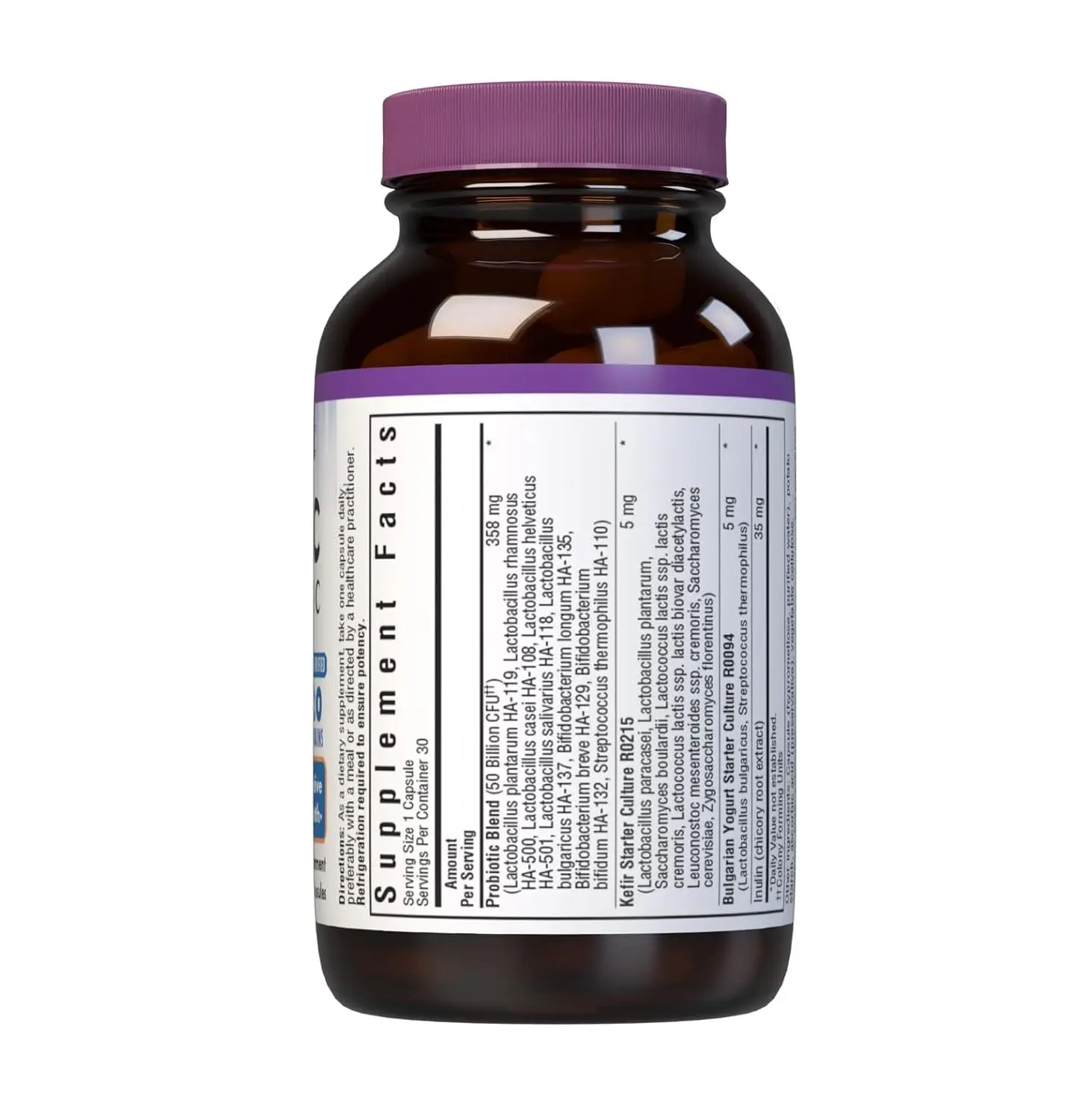 A bottle of Bluebonnet Nutrition BB Probiotic & Prebiotic 50B containing 30 vegetarian capsules.