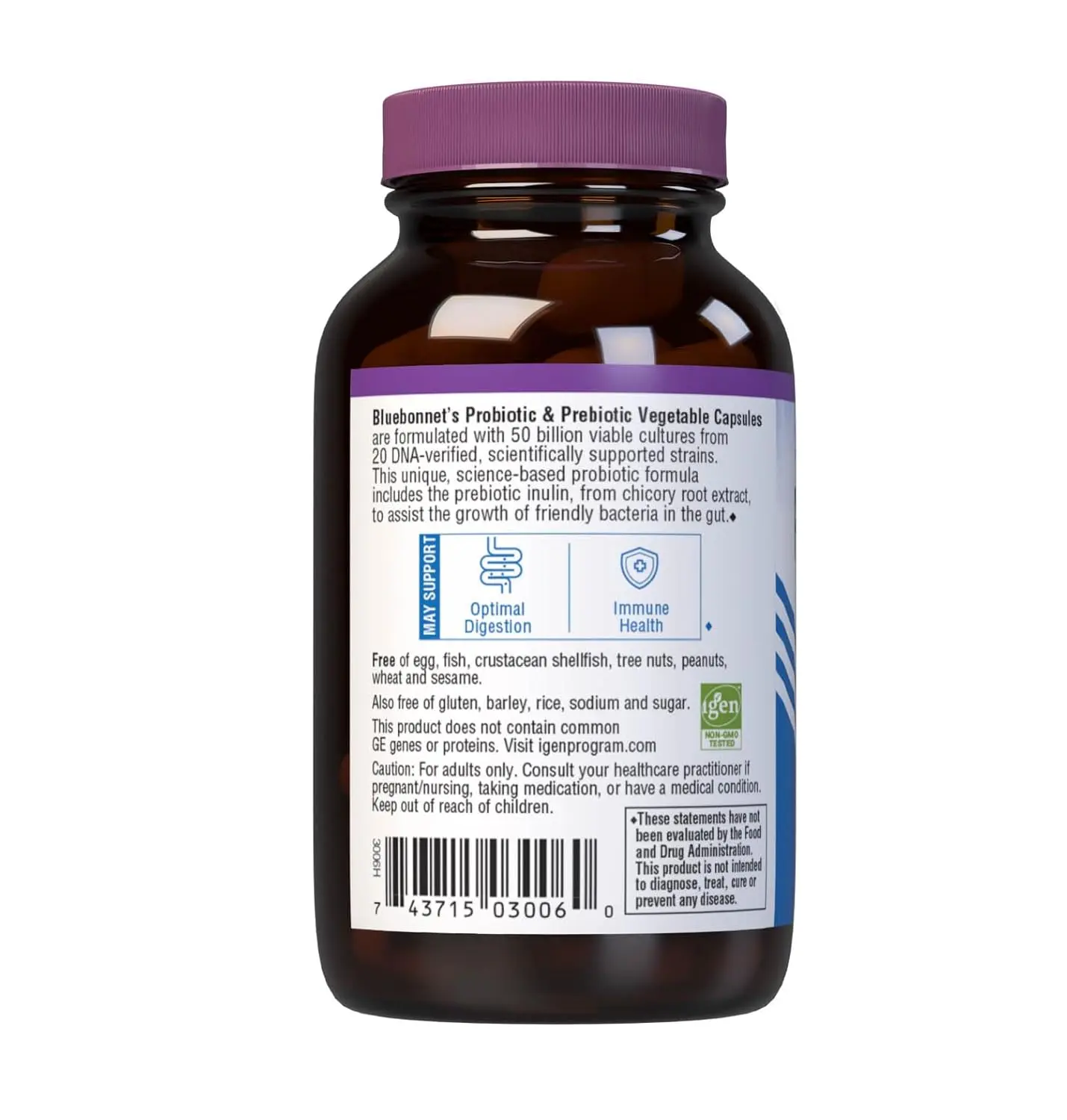 A bottle of Bluebonnet Nutrition BB Probiotic & Prebiotic 50B containing 30 vegetarian capsules.