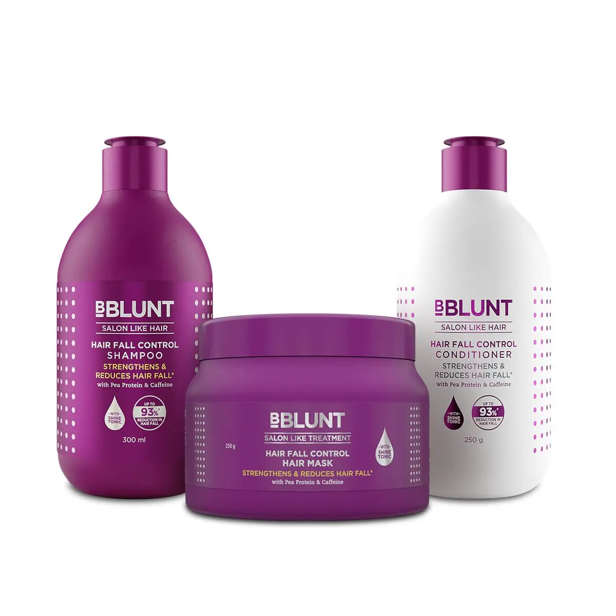BBlunt hair fall control kit including shampoo, conditioner, and hair mask, designed to reduce hair fall and add shine to Indian hair.