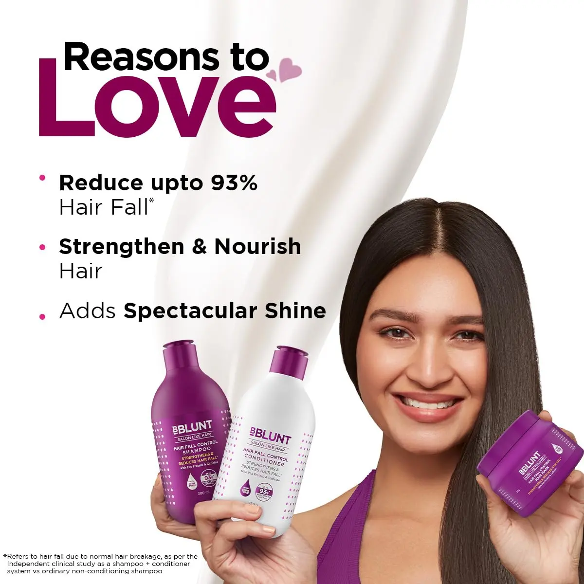 BBlunt hair fall control kit including shampoo, conditioner, and hair mask, designed to reduce hair fall and add shine to Indian hair.