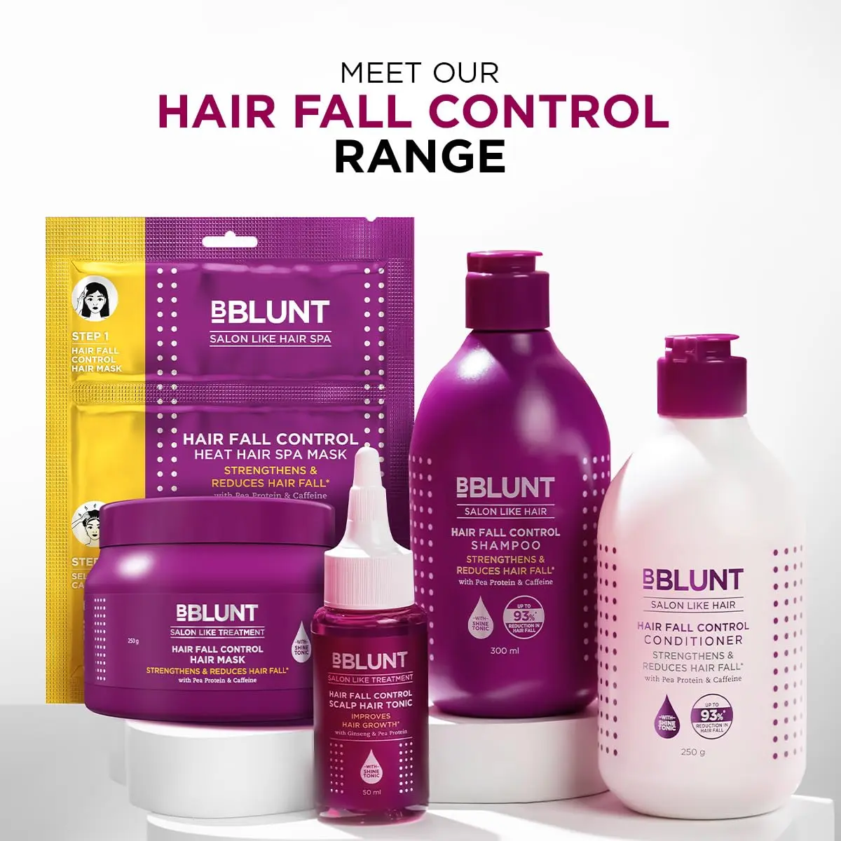BBlunt hair fall control kit including shampoo, conditioner, and hair mask, designed to reduce hair fall and add shine to Indian hair.