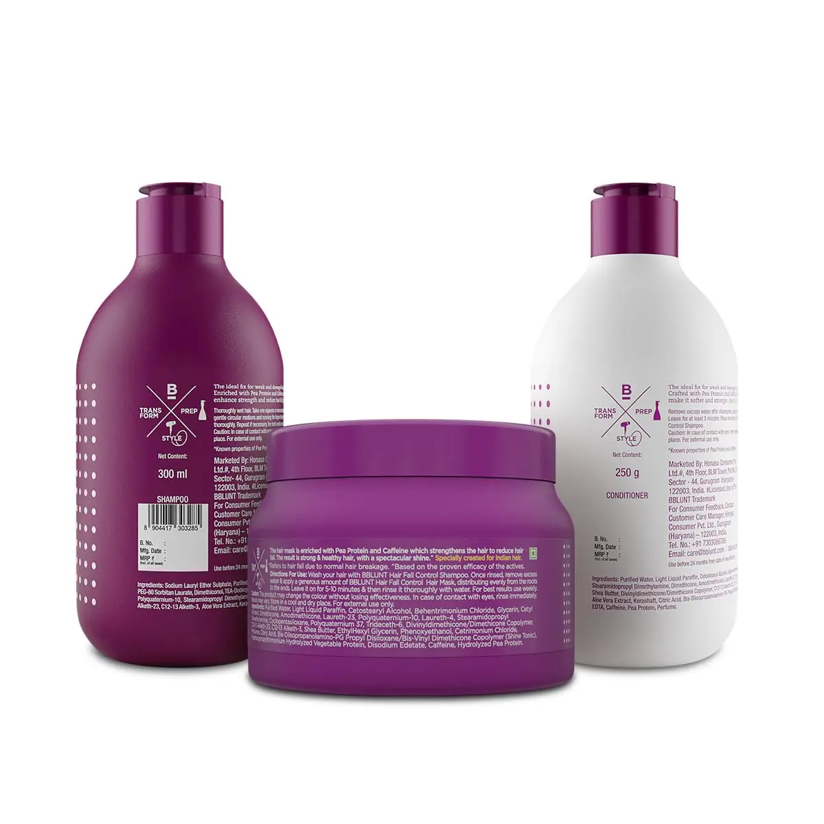 BBlunt hair fall control kit including shampoo, conditioner, and hair mask, designed to reduce hair fall and add shine to Indian hair.