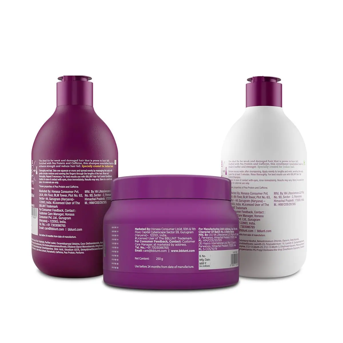 BBlunt hair fall control kit including shampoo, conditioner, and hair mask, designed to reduce hair fall and add shine to Indian hair.