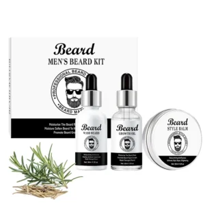 This beard growth kit for men includes beard shampoo, beard balm, and beard growth oil to cleanse, moisturize, and promote a thicker, fuller beard.