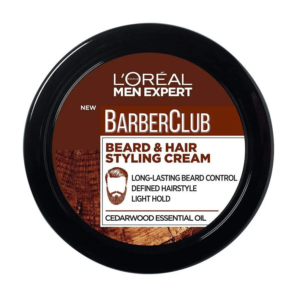 L'Oréal Barber Club beard and hair cream provides all-day beard control and hairstyle definition with cedar wood essential oil and a light hold.
